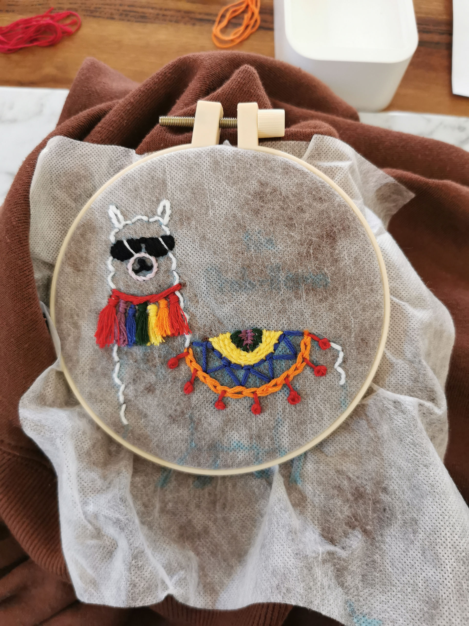colourful embroidery of a llama with sunglasses