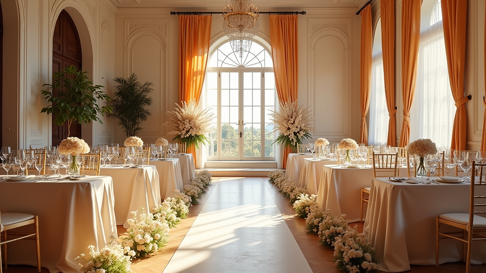 Wide angle view of a beautifully decorated wedding venue