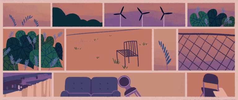 An assortment of bright animated images e.g-wind turbines, sofas and chairs, leaves