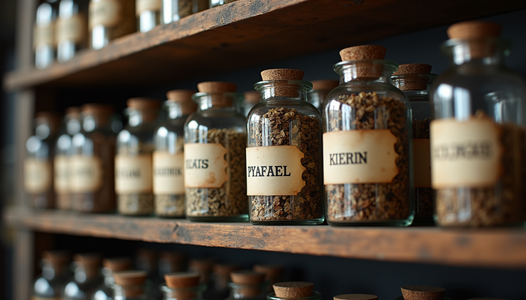 Eye-level view of a vintage apothecary shelf filled with glass jars of dried herbs