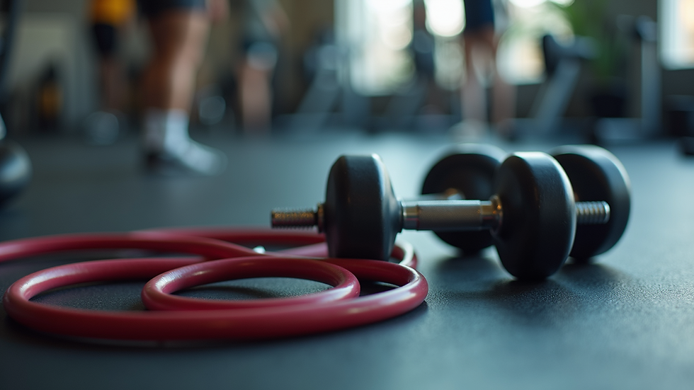 Close-up view of resistance bands and dumbbells on a gym floor