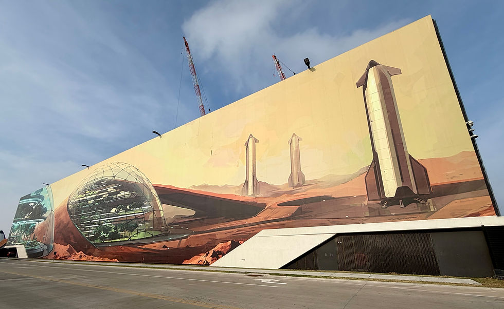 The massive rocket mural on site, illustrating SpaceX's vision for Mars. Image: Frank Fu | R.M.E.