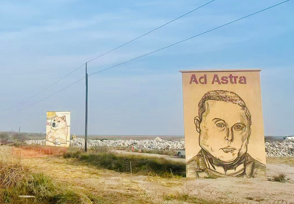 The only way to the Starbase. Two meme images stand by the roadside. Image: Frank Fu | R.M.E.