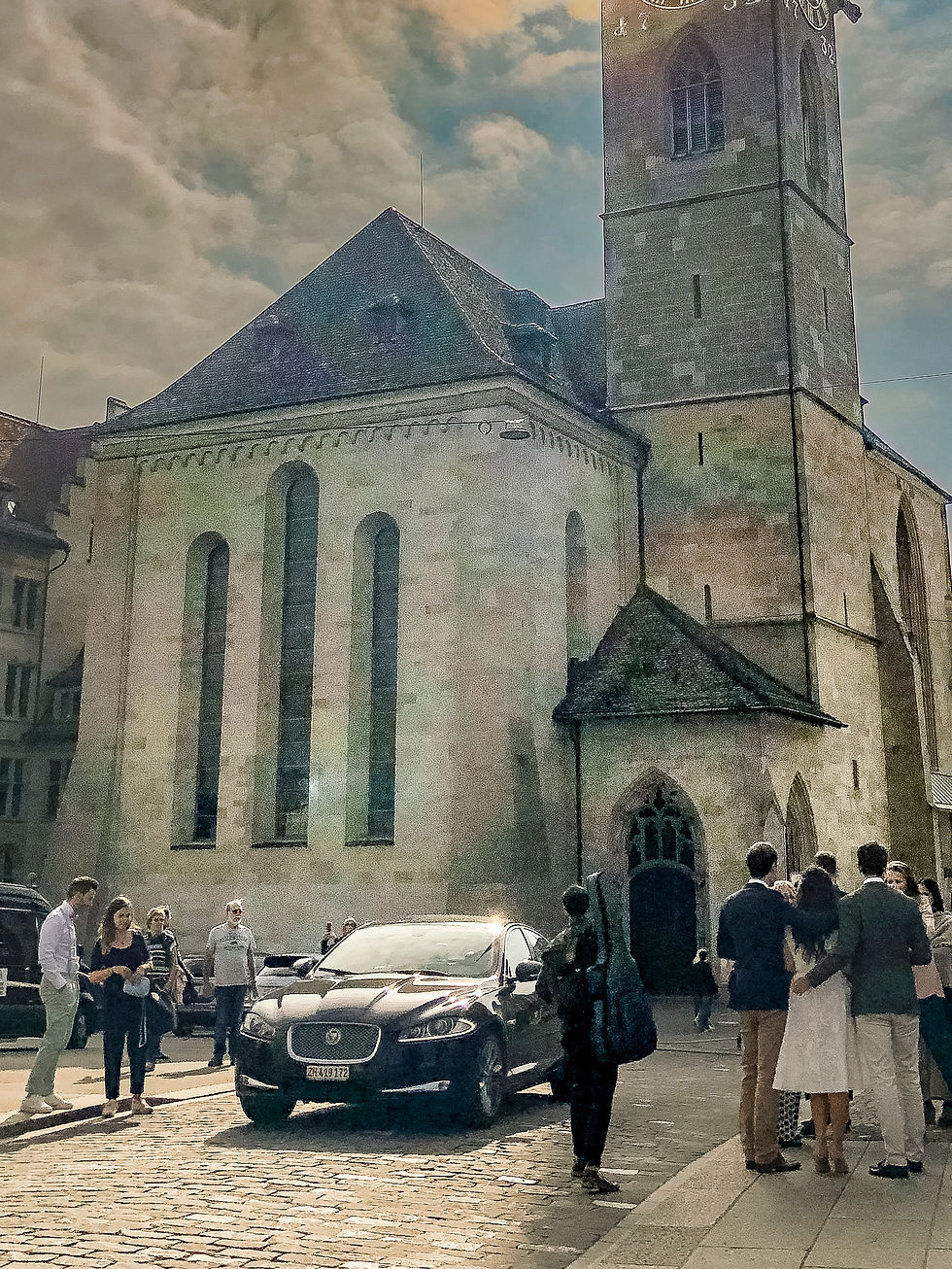 Scene outside Zurich’s Fraumünster Church with wedding guests gathered, a cello case in view, and a luxury car parked on cobblestone near the entrance.