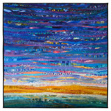 Fabric art. Pieced and quilted landscape showing the warm sky of April above the yellow glow of the sun. 40 by 40 inches.