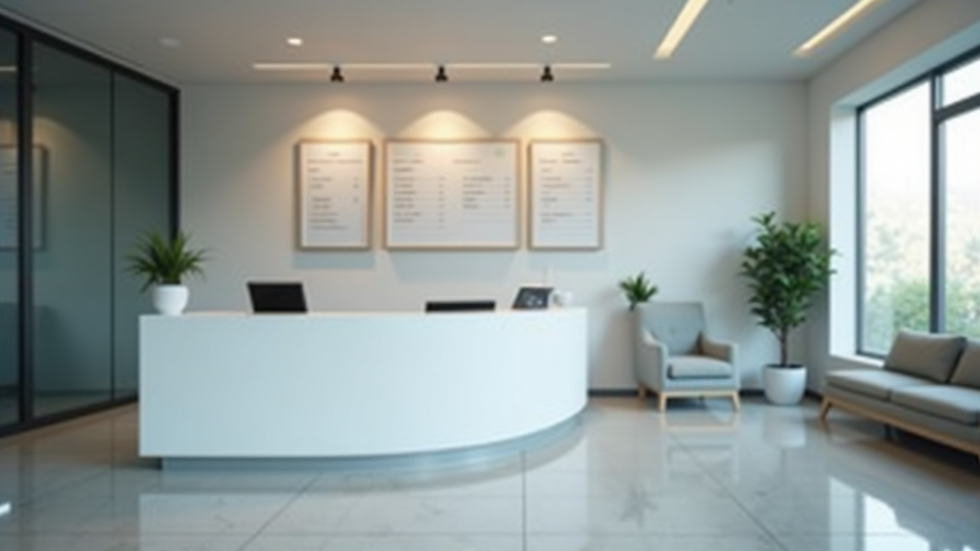 Eye-level view of a modern clinic reception desk with appointment schedules