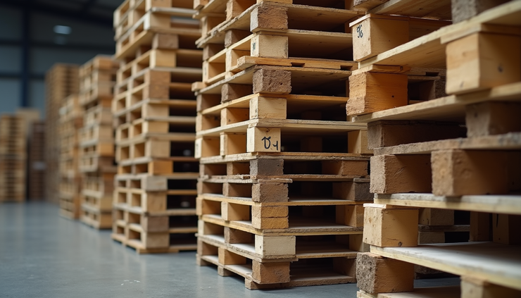 Close-up view of recycled pallets stacked neatly in a Brazilian warehouse