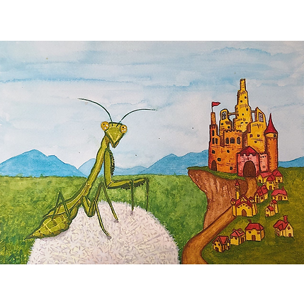 gouache praying mantis with castle.PNG