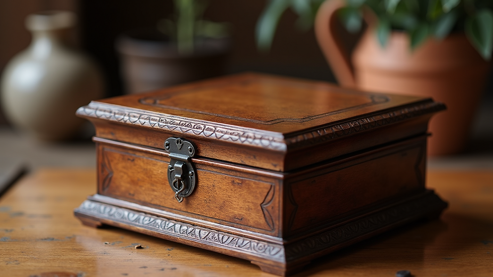 Close-up view of a hand-carved wooden jewelry box