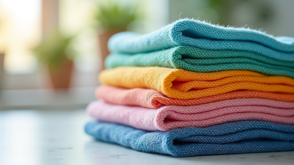 High angle view of a neatly folded stack of colorful microfiber cloths
