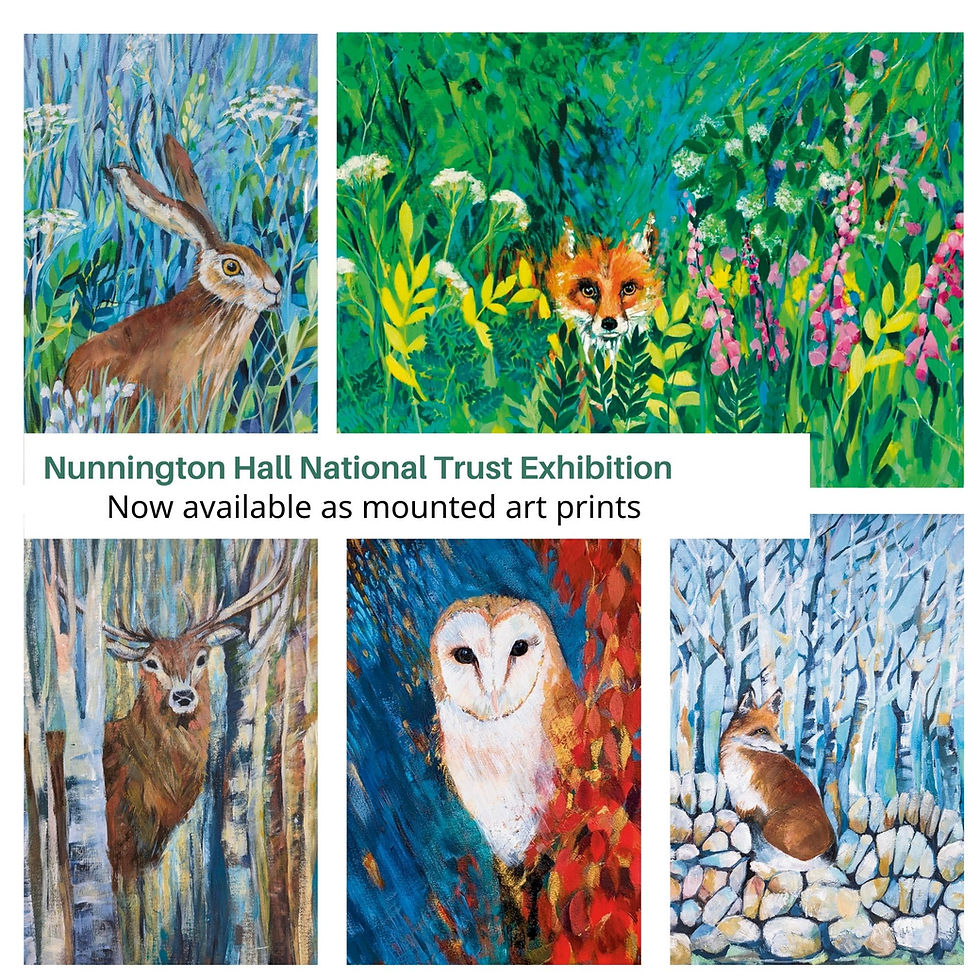 Thumbnail: Five canvases hedgerow fox meadow hare deer in woods barn owl fox on stone wall