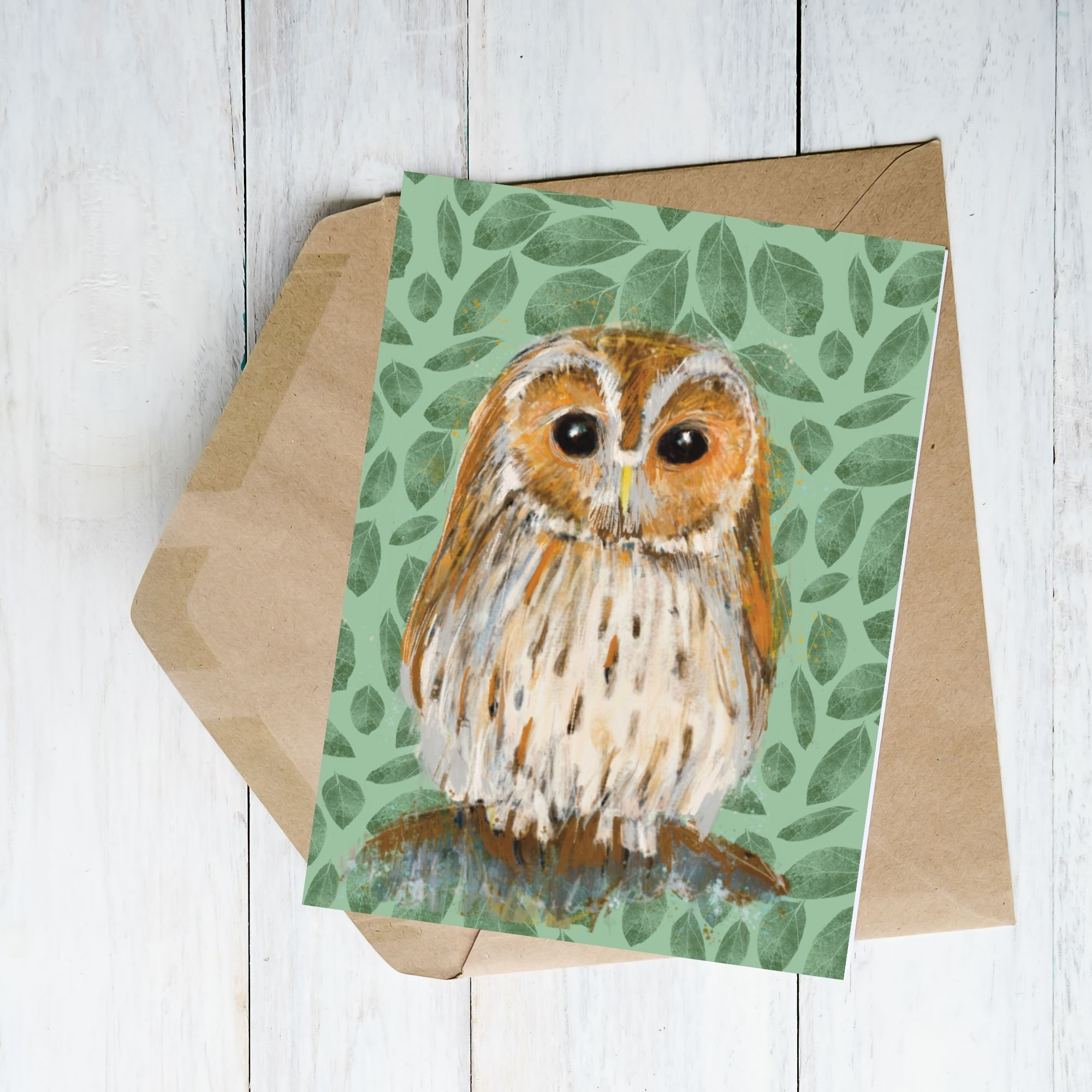 Illustration cute tawny owl green leaf background
