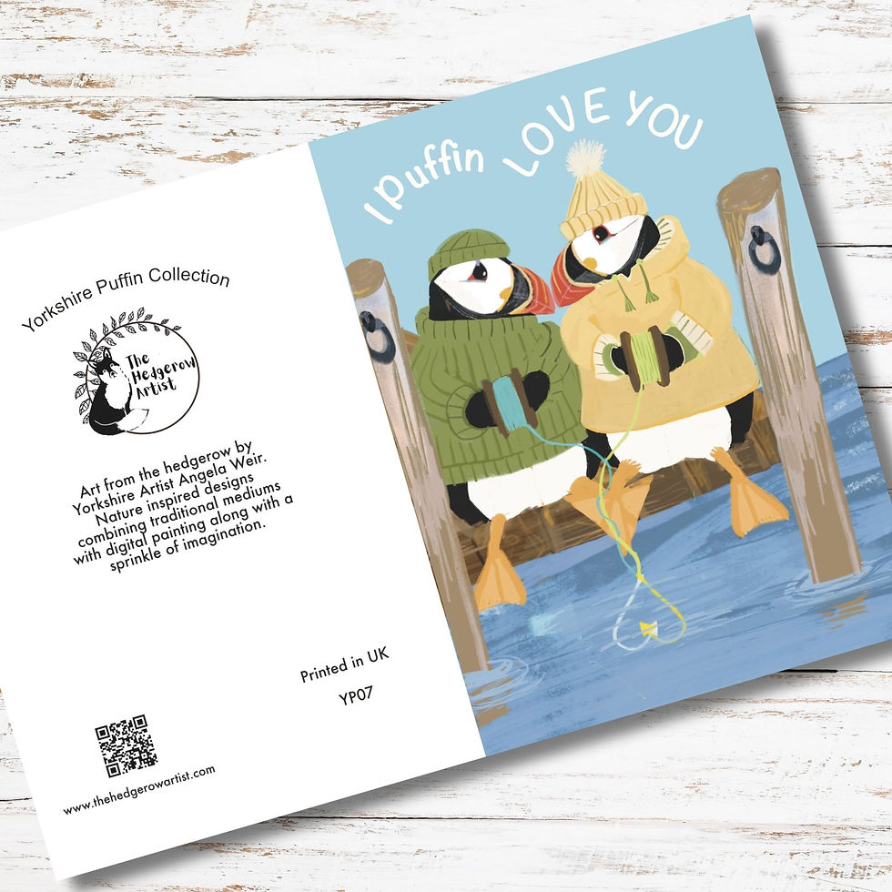 Two puffins beak to beak wearing jumpers and hats fishing off the pier