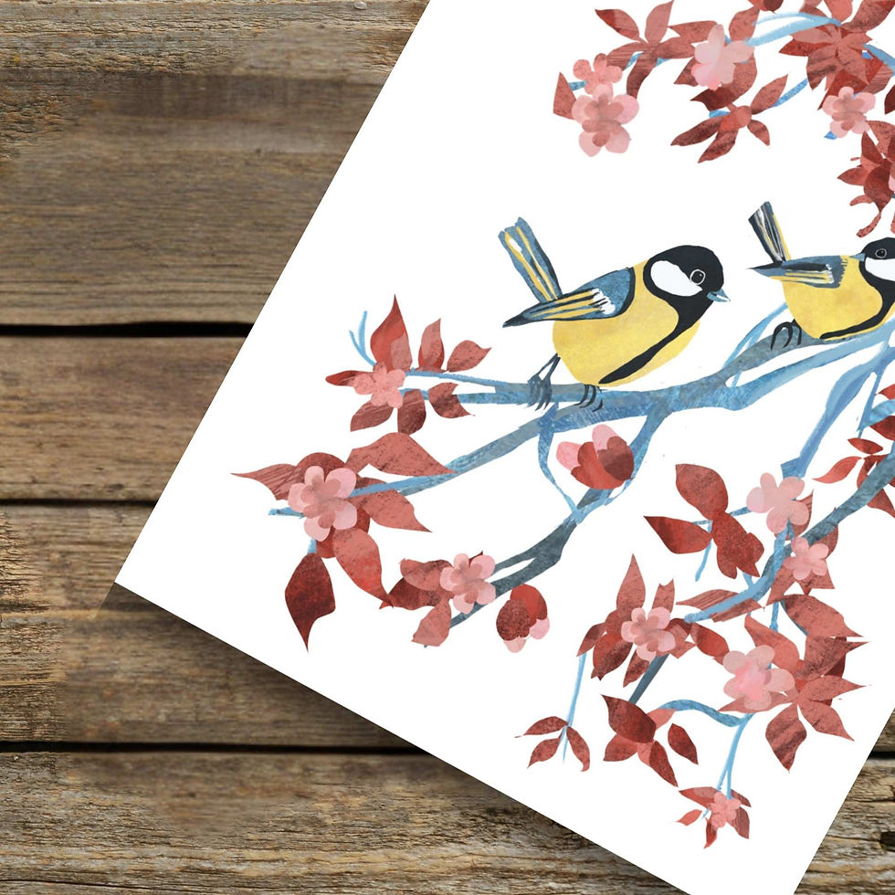 Illustration of two great tits in cherry blossom