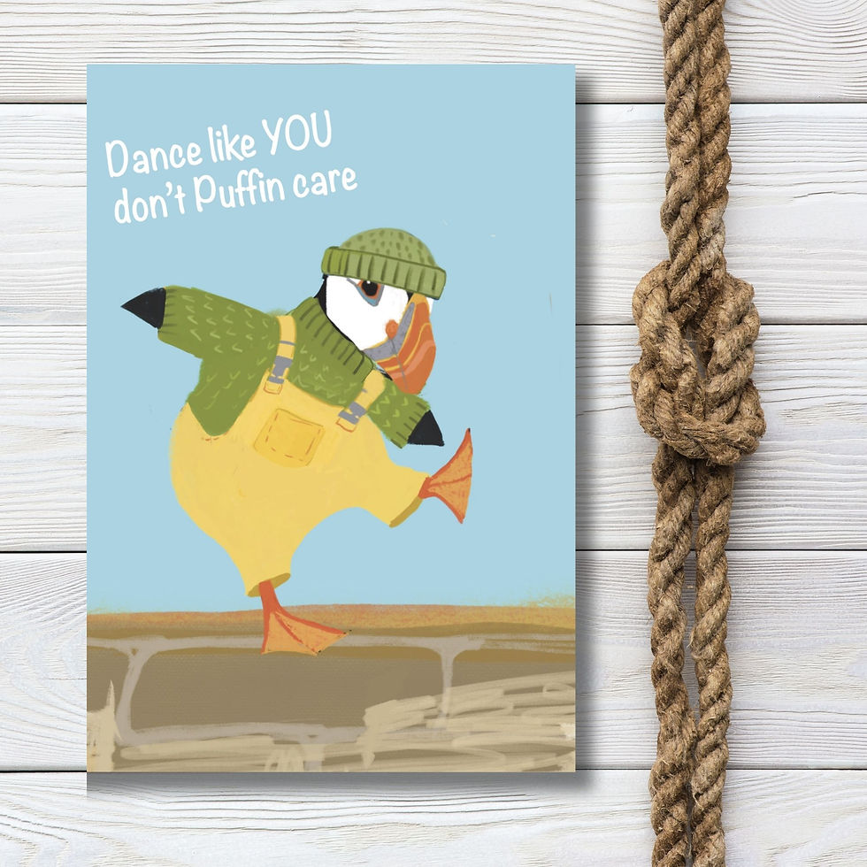 Thumbnail: Illustration little puffin in fishing gear dancing Dance like ya don’t Puffin care written above
