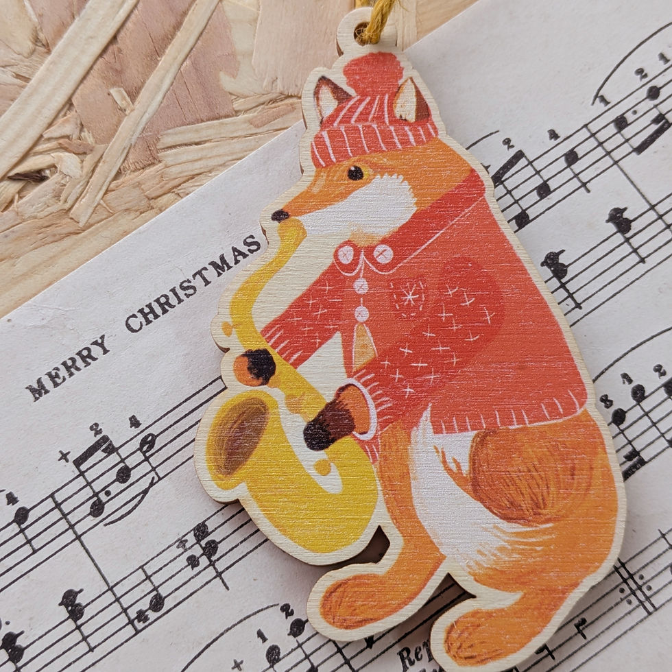 Fox playing saxophone wearing read jacket and bobble hat