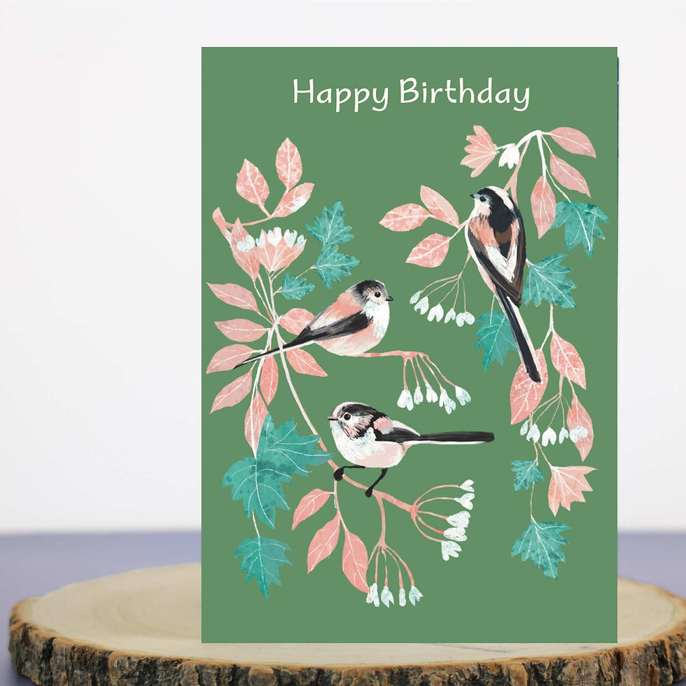 Thumbnail: Illustration three longtailed tits in blossoms deep green background