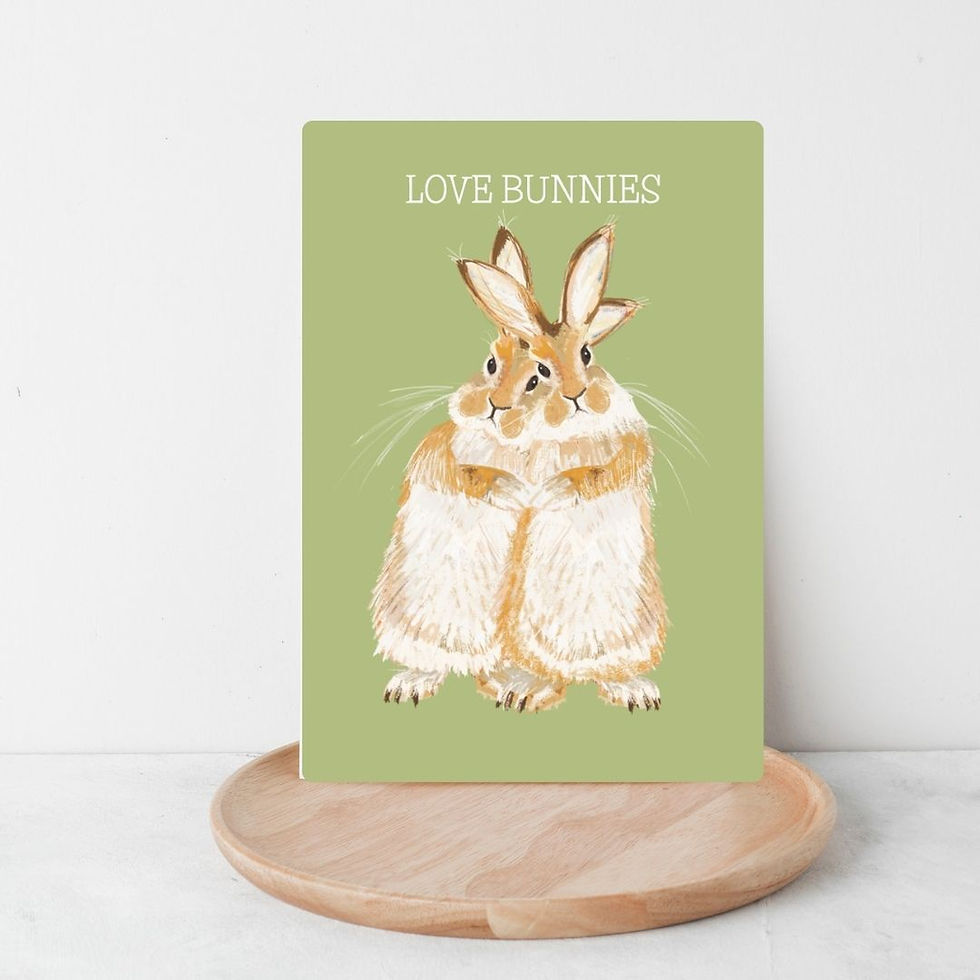 Thumbnail: Illustration two hares hugging green background Love Bunnie at the top