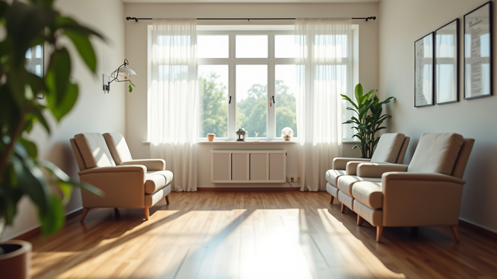 Eye-level view of a calm therapy room with comfortable chairs