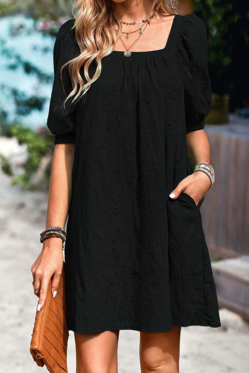 Thumbnail: Square Neck Short Bubble Sleeve Babydoll Dress