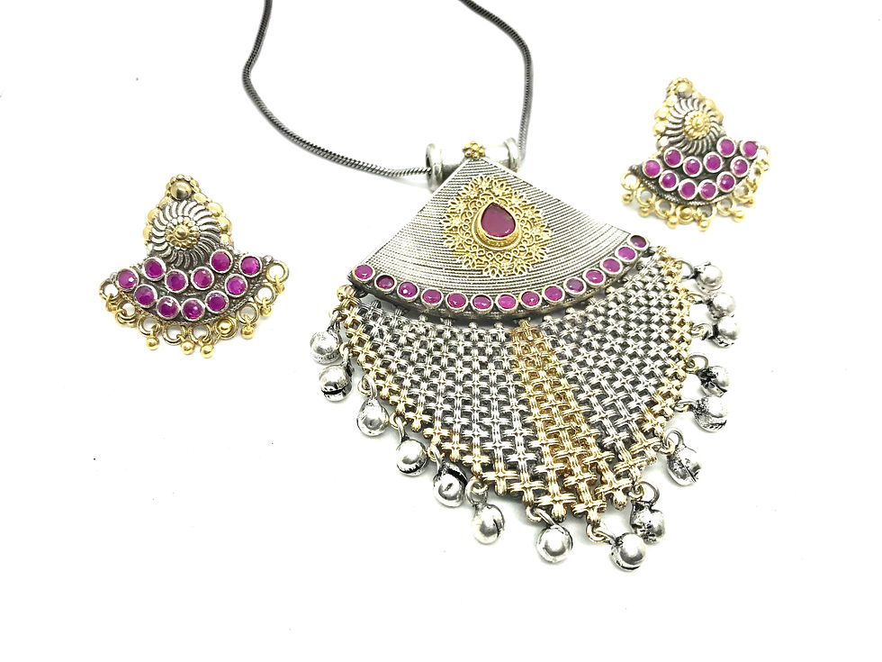 Antique Finish German Silver and Brass Set with Pink Stones and Ear Rings