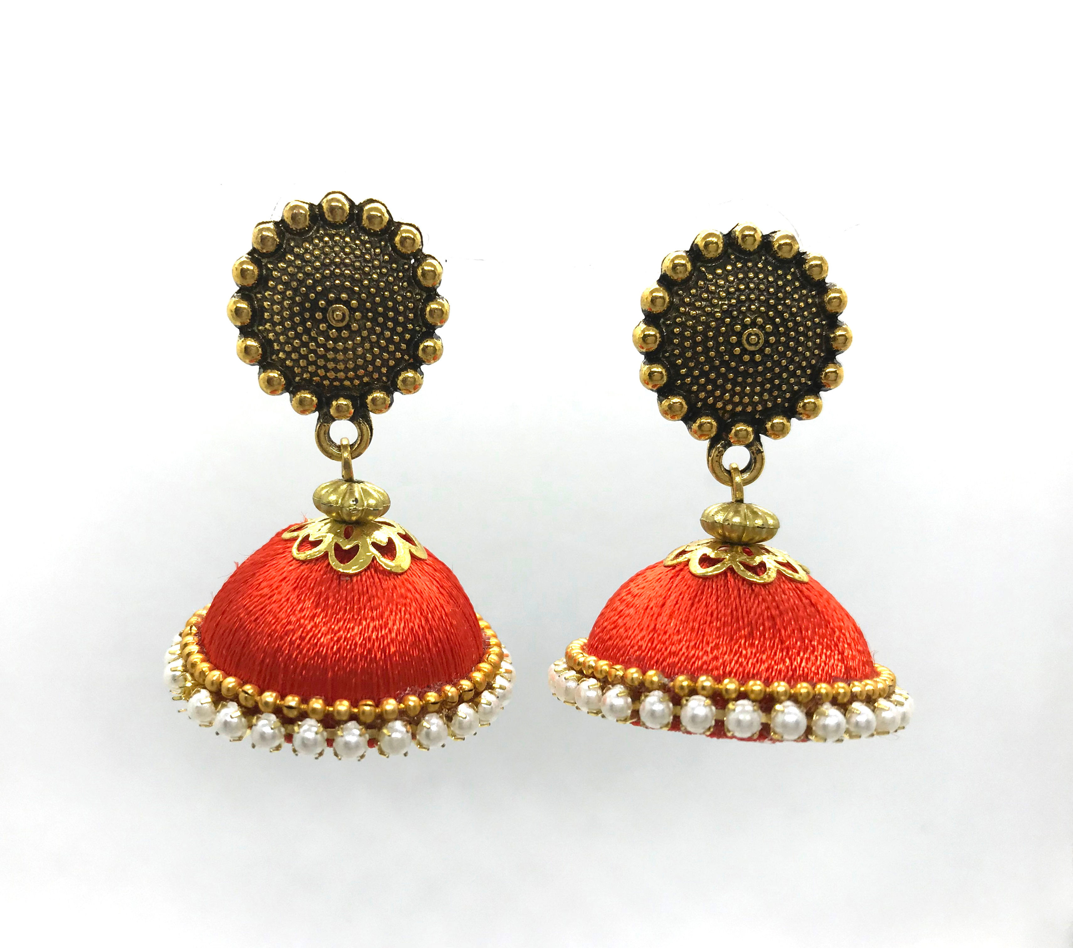 Silk Thread Jhumkas - Orange