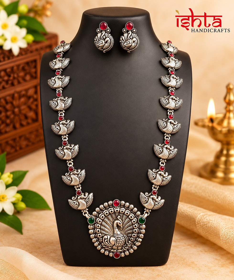 German Silver Peacock Long Necklace Set with Earrings