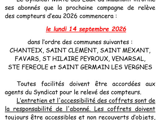 Relève des compteurs d'eau à partir du 14 septembre