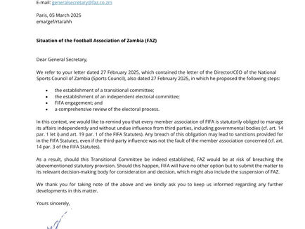 FIFA WARNS ZAMBIAN GOVERNMENT AGAINST THIRD-PARTY INTERFERENCE IN FAZ AFFAIRS