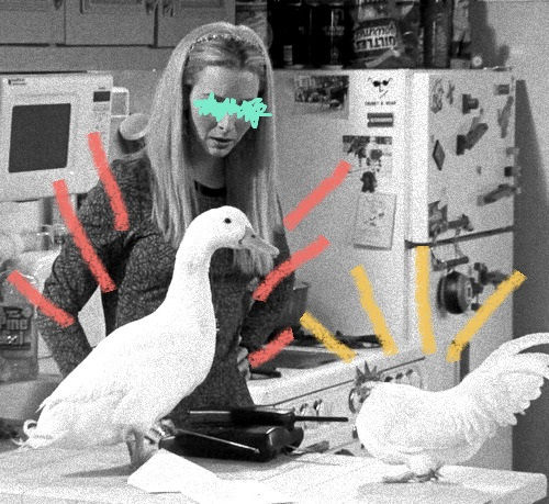 El personaje de la serie "Friends", Phoebe Buffay, junto con el pato y la gallina que tenía como mascota.