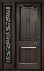 Fiberglass single door with two planked panels and sidelight