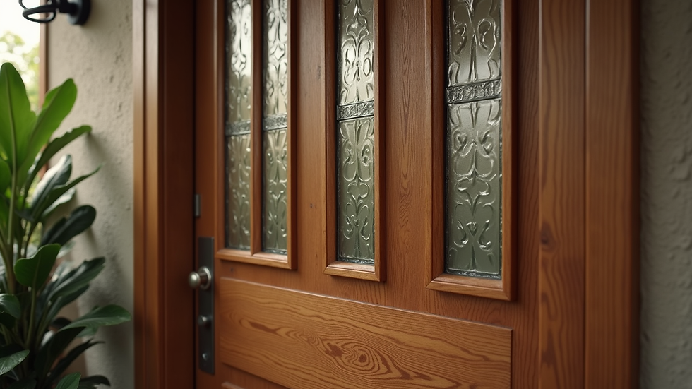 Close-up view of a custom wooden front door with decorative glass