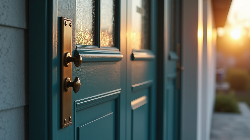 Close-up view of a fiberglass entry door with decorative glass