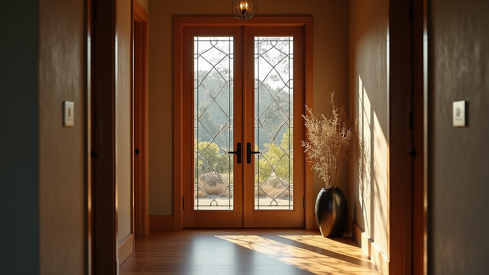 Eye-level view of a custom wooden entry door with decorative glass panels