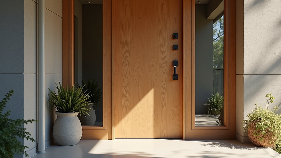 Eye-level view of a modern wooden entry door with glass inserts