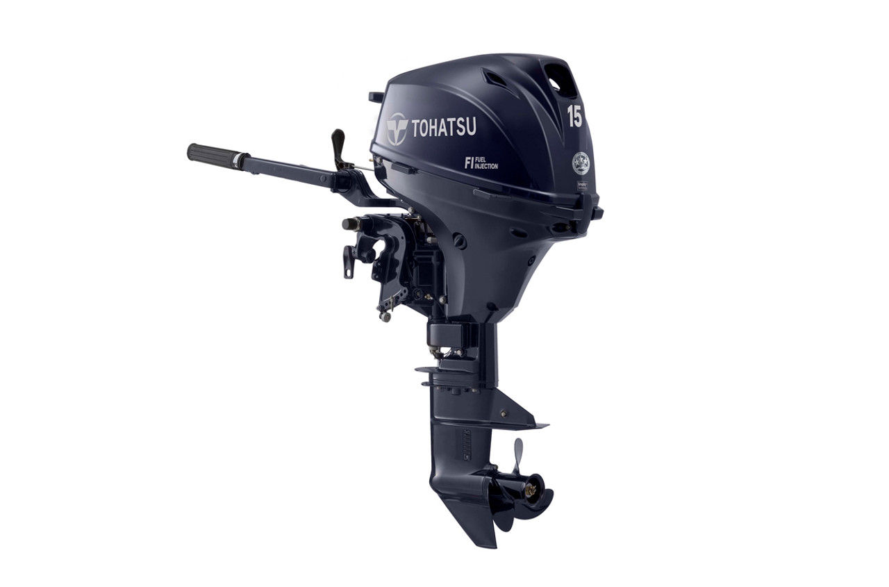 Tohatsu 15 HP MFS15EL EFI Four-Stroke Tiller Outboard, 20" Long, Manual Start