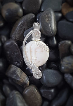Moon Lovers Dreaming Moon Carved Bone Waterfall Sterling Silver Wire Wrapped Pendant