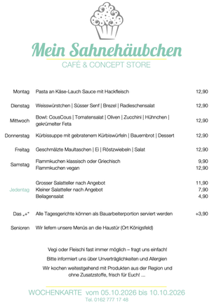 Unsere täglich wechselnden Mittagsmenüs für die Woche vom 5. bis 10. Oktober 2026
