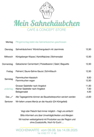 Unsere Menükarte für die Woche nach Pfingsten