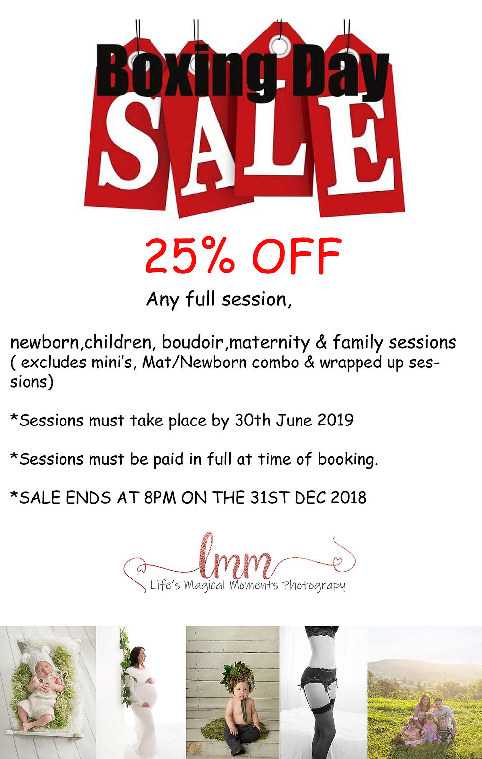 25% off full session not including mini's, wrappyed up Mat/newborn combo or products.
