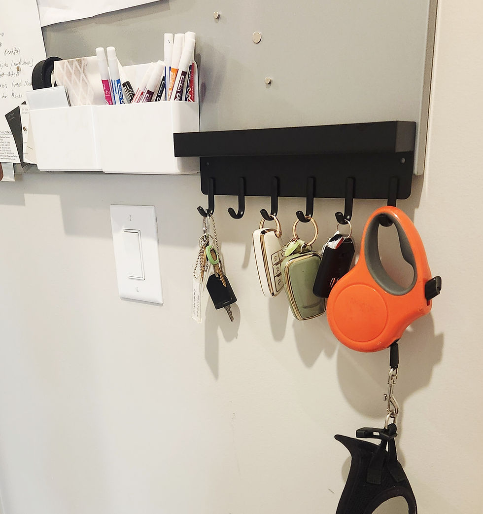 Keys and an orange dog leash hang on black hooks beside a light switch. White container holds markers on a gray wall, creating a tidy setup.