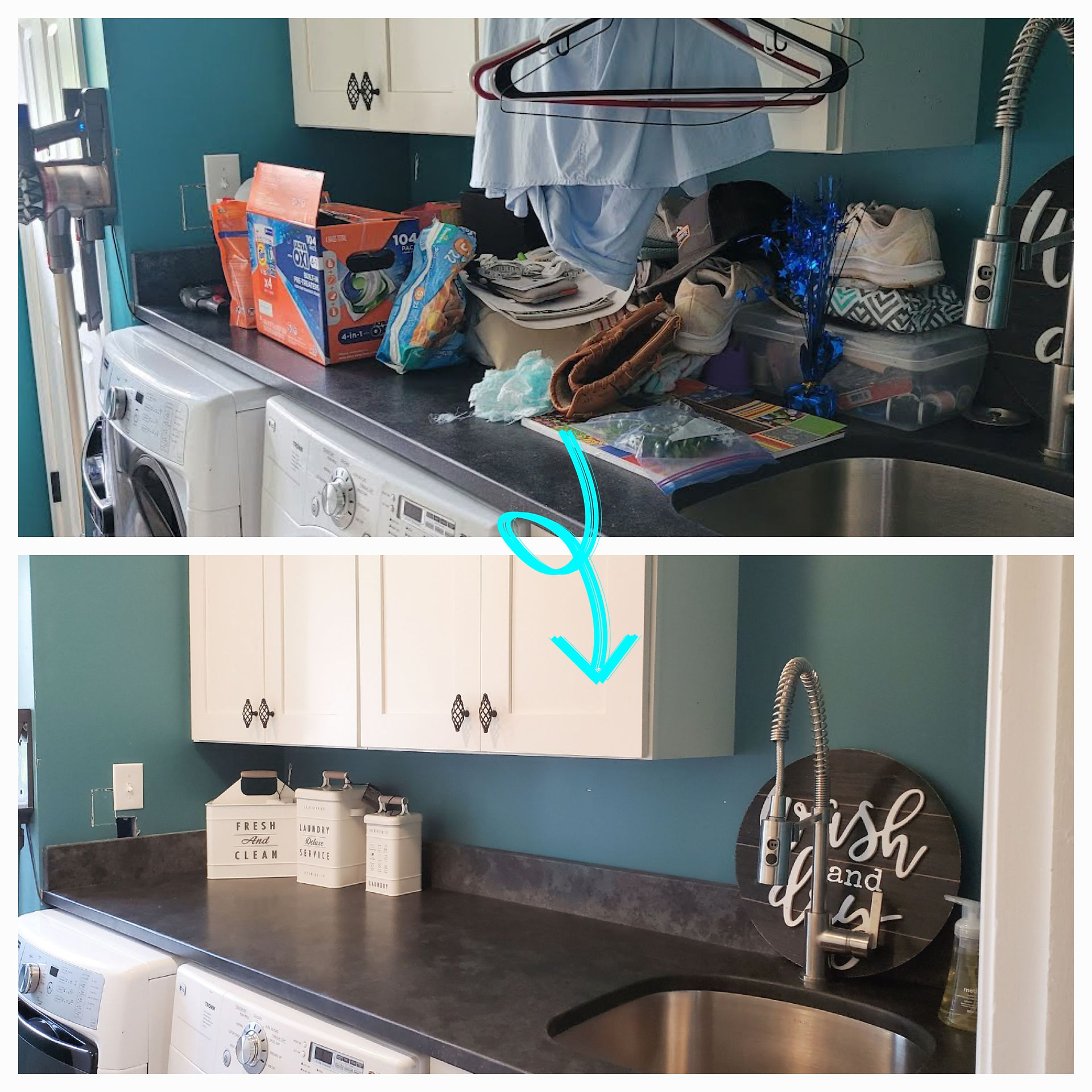 Decluttered laundry counter before and after