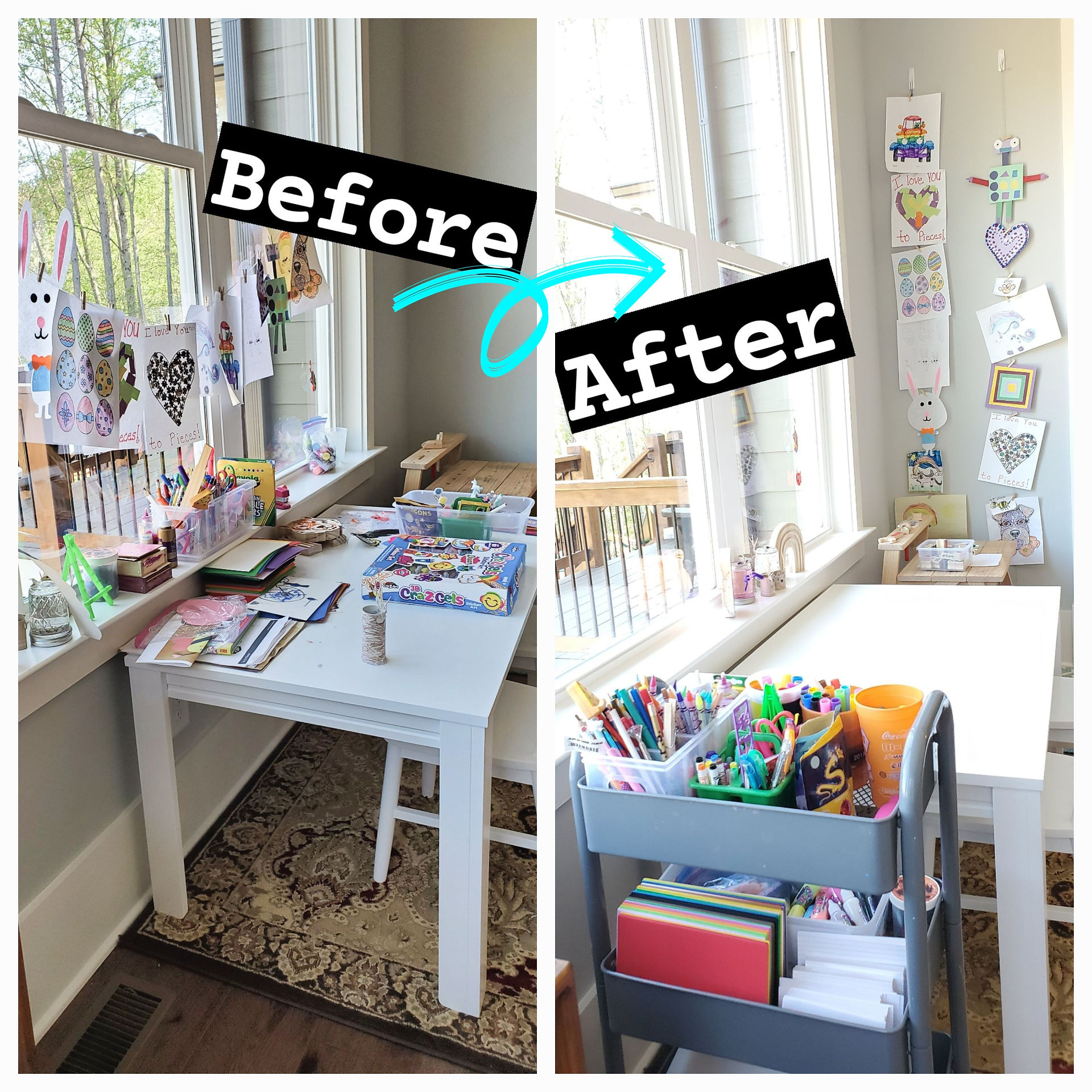 Decluttered craft nook before and after