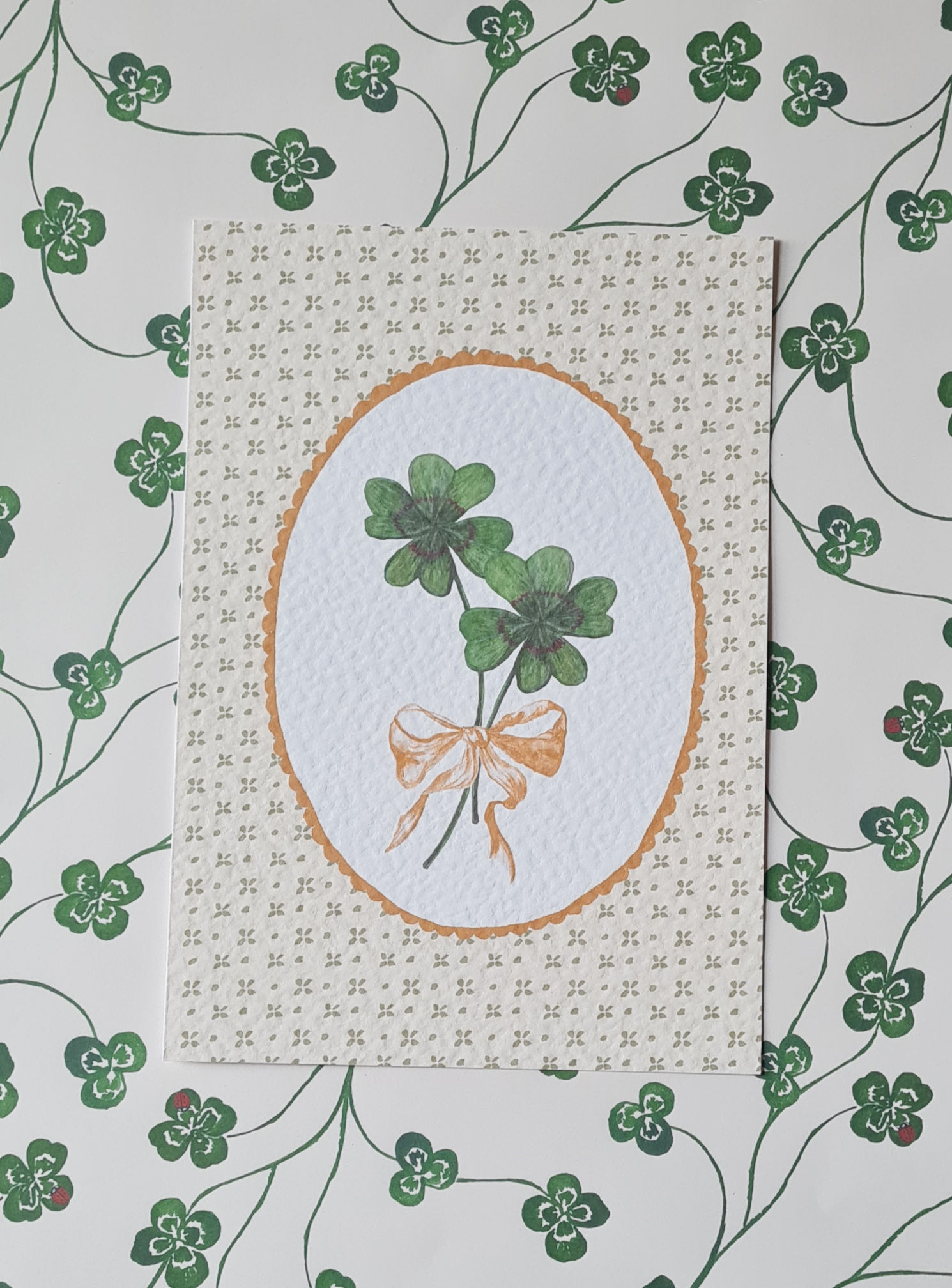 Lucky Clover with yellow ribbon bow, A5 Art Print