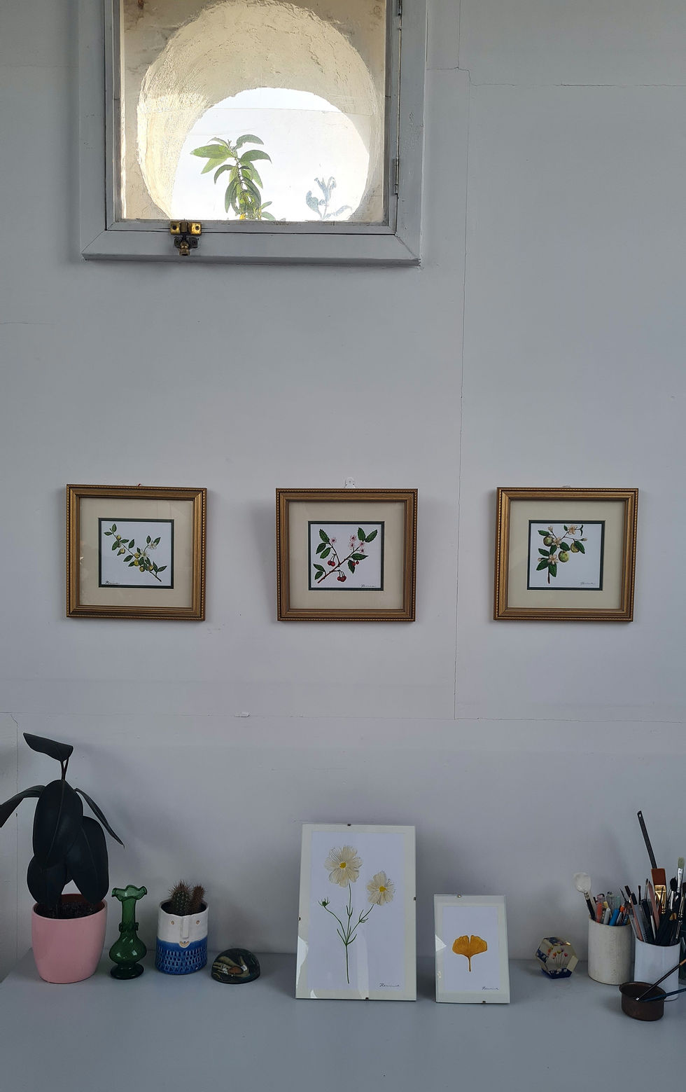 Thumbnail: Mirabellier plum branch, original watercolour painting in reclaimed golden frame