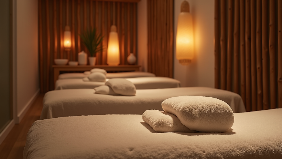 Eye-level view of a cozy Thai massage room with wooden decor