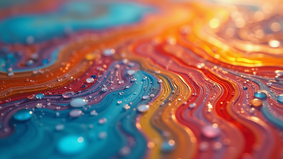Eye-level view of a vibrant resin artwork piece showcasing swirling colors