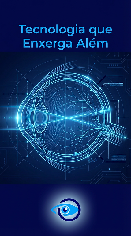 Diagrama de olho humano tecnológico com texto Tecnologia que Enxerga Além e logo da Ortolan Oftalmologia.