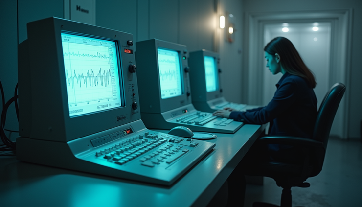 High angle view of a seismograph machine recording earthquake waves