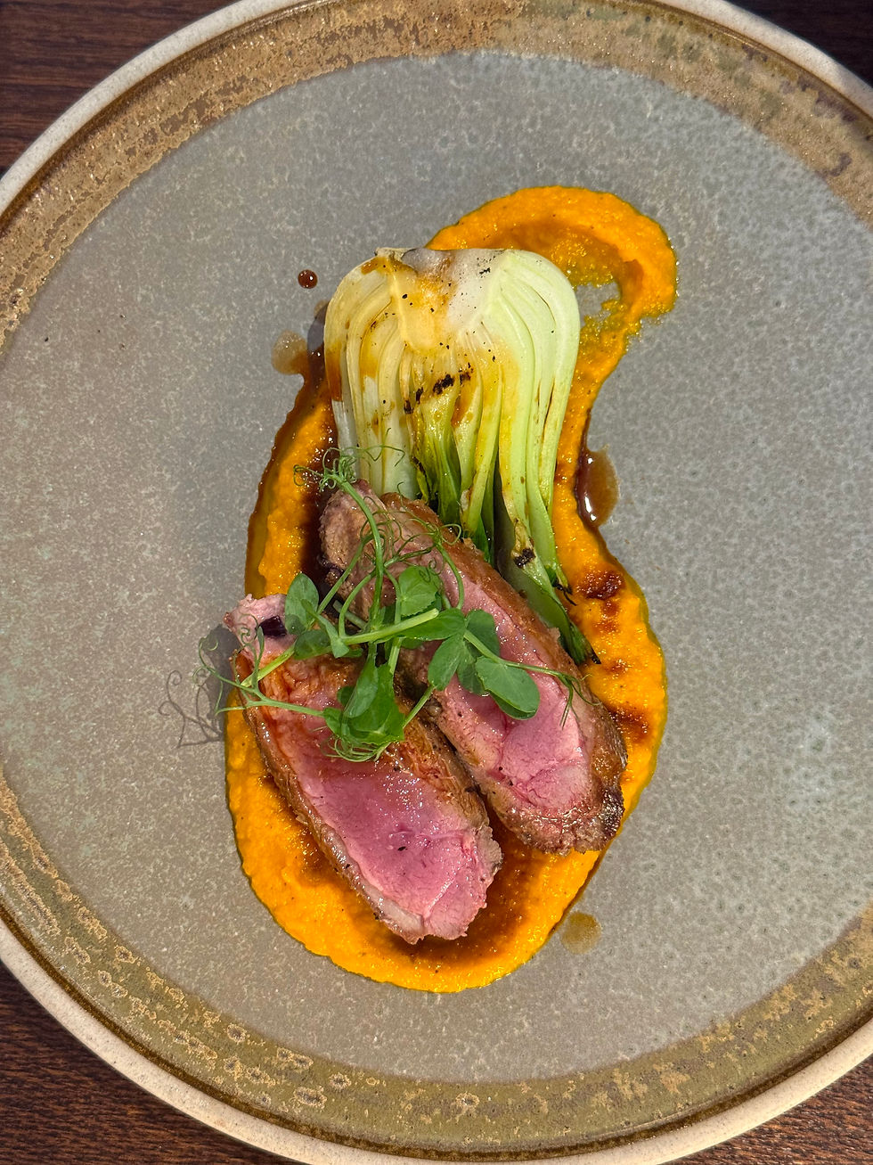 Seared sliced duck on orange puree with charred fennel and microgreens on a rustic gray plate